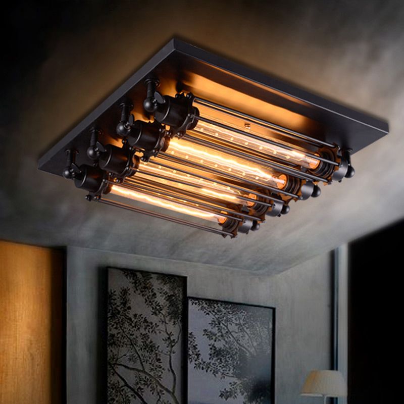 Austin Vintage Tubed Metal Flush Mount Ceiling Light, Black, Living Room
