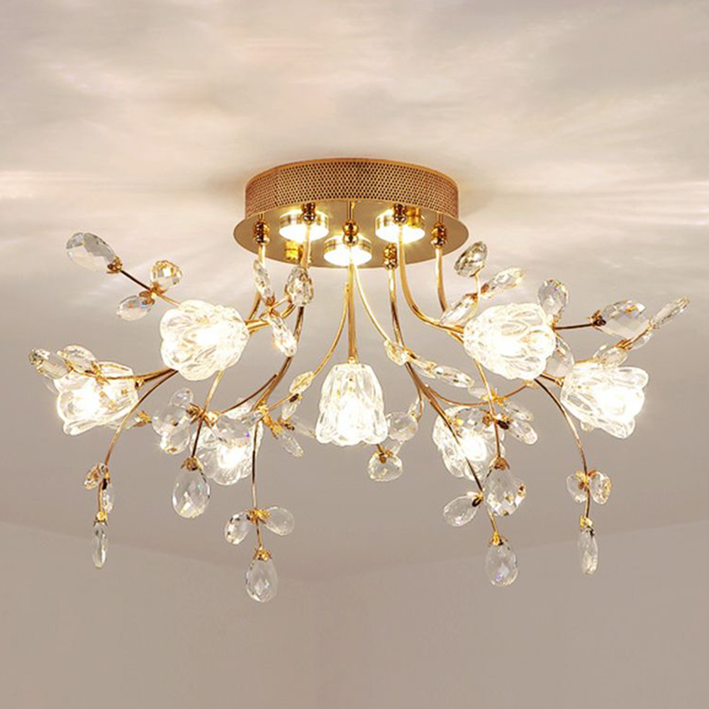 Arisha Art Deco Elegant Golden Crystal Flower Flush Mount Ceiling Light