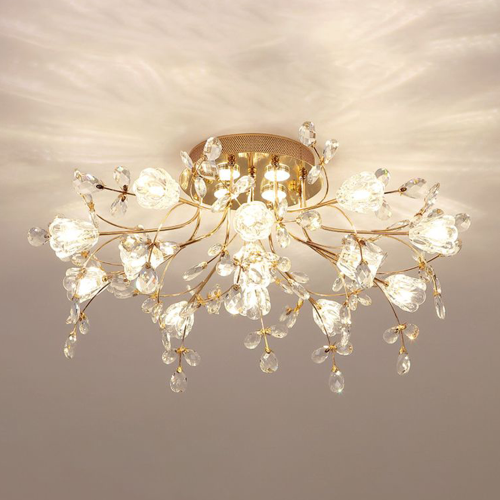 Arisha Art Deco Elegant Golden Crystal Flower Flush Mount Ceiling Light
