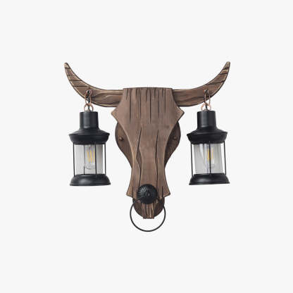 Austin Wall Lamp Bull Shape Vintage, 2 Heads Wood/Metal, Bedroom