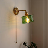 Wall Lamp Brass with Green/Clear Glass Shade and Pull Chain