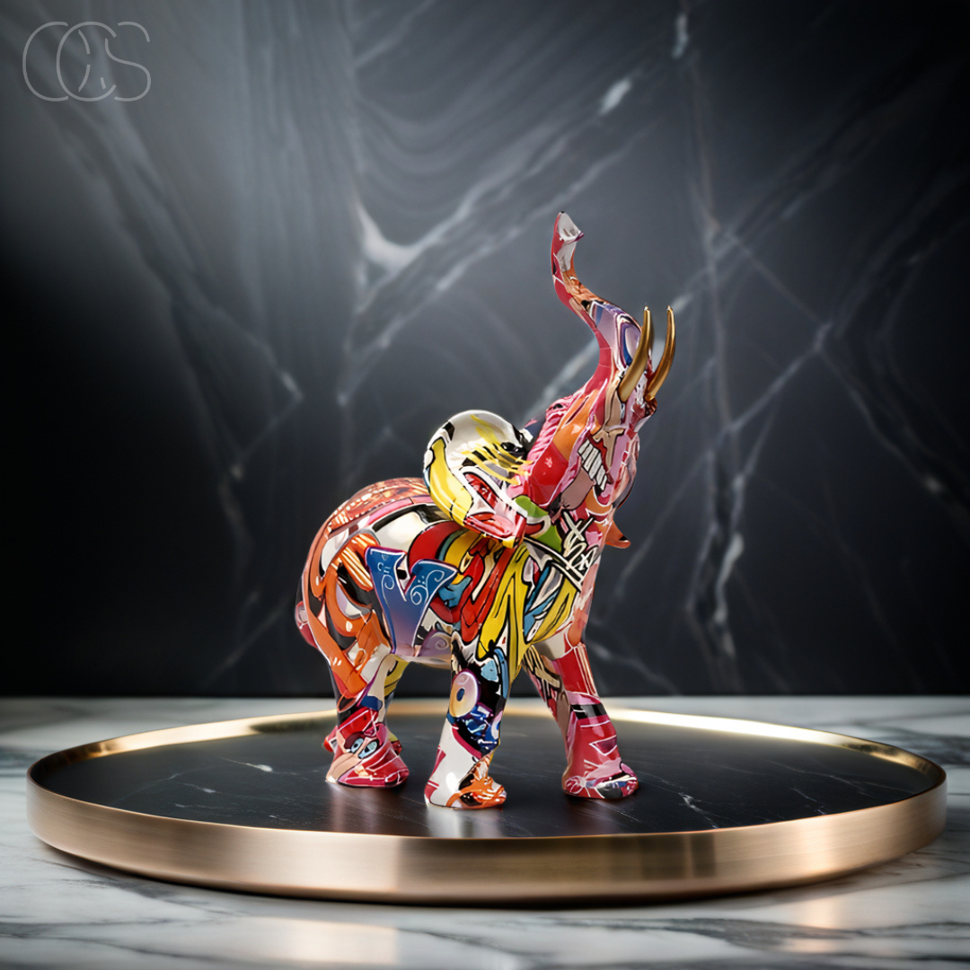 Graffiti Elephant Figurine with Gold-Tone Tusks