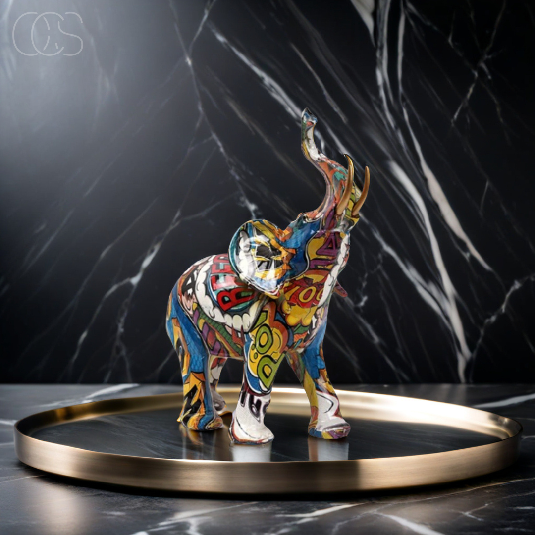 Graffiti Elephant Figurine with Gold-Tone Tusks