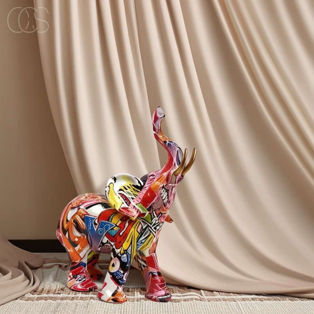 Graffiti Elephant Figurine with Gold-Tone Tusks