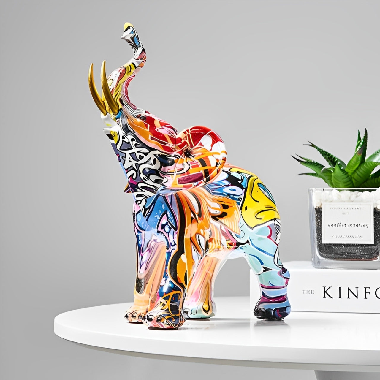 Graffiti Elephant Figurine with Gold-Tone Tusks