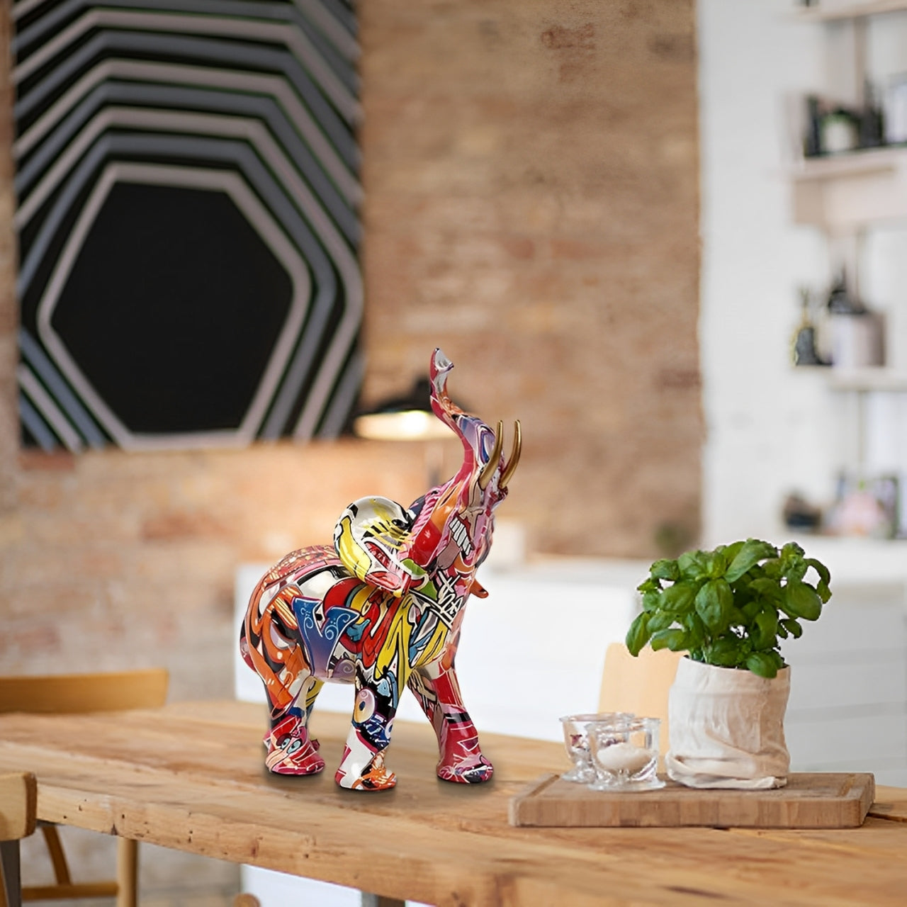 Graffiti Elephant Figurine with Gold-Tone Tusks
