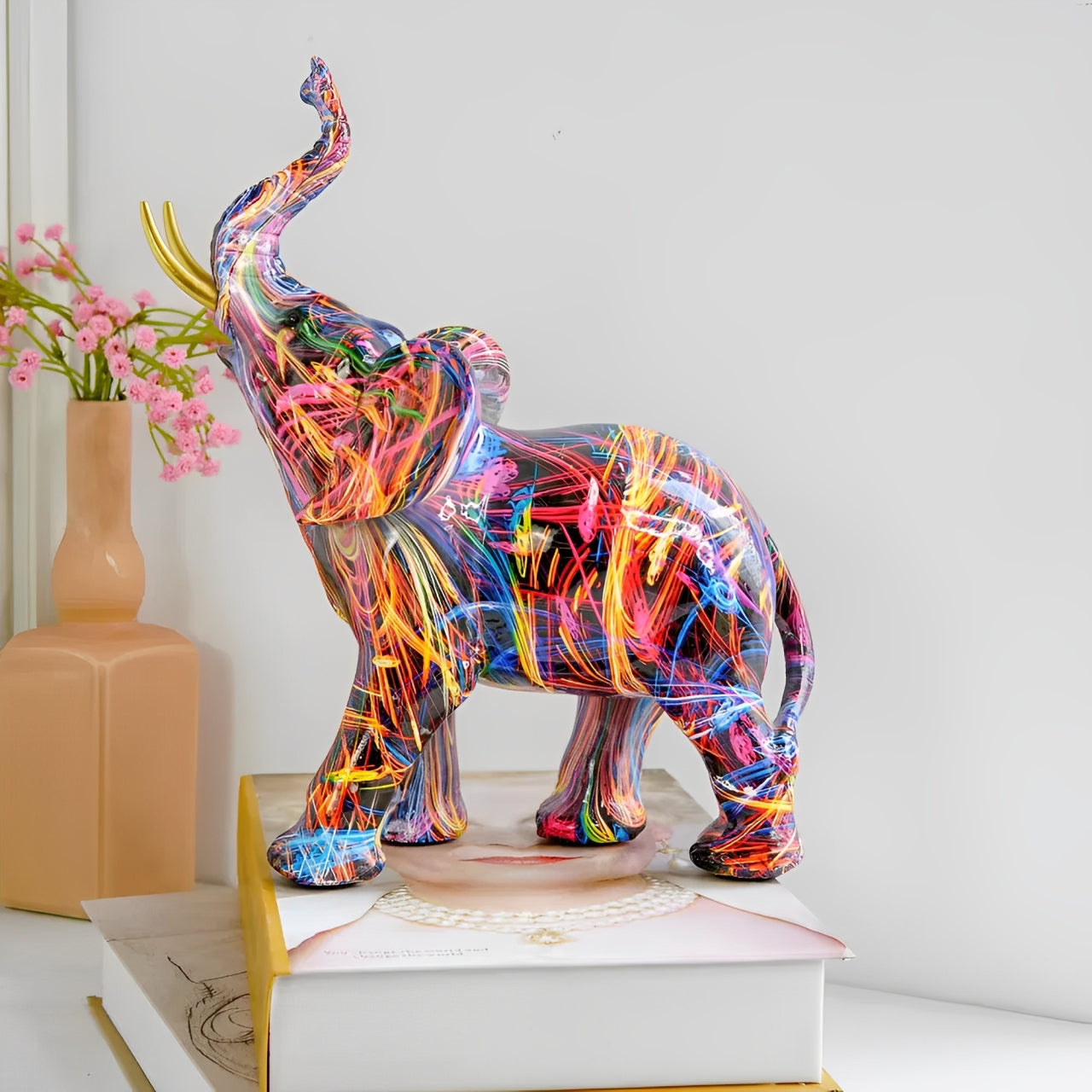 Graffiti Elephant Figurine with Gold-Tone Tusks